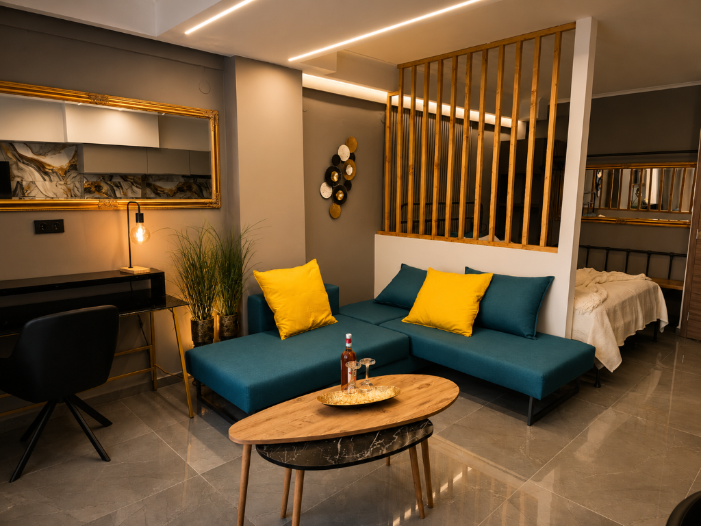 Καθιστικό του Maras Golden Studio με γωνιακό καναπέ
