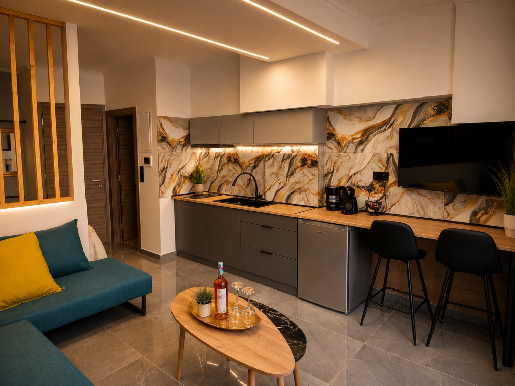 Κουζίνα και καθιστικό του Maras Golden Studio